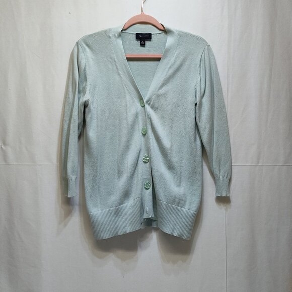 AB Studio Mint V-Neck Cardigan Medium 100% Cotton Lightweight Knit Style 0420M7M - Picture 1 of 7